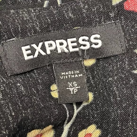 Floral Kimono Top XS Black Red Cinched Tie Front Express Wide Sleeve Rayon - Picture 7 of 8